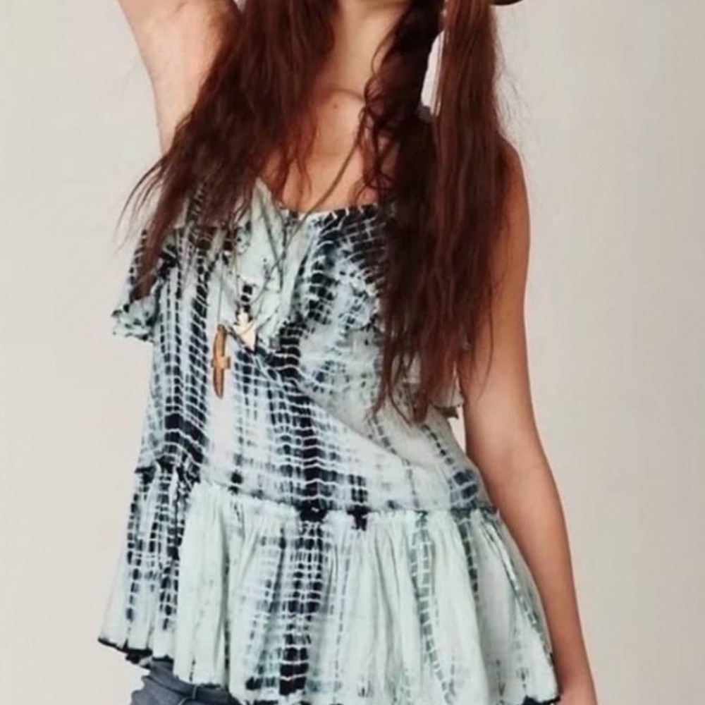 Free People Tie Dye Alligator Tank Blue Beaded Ruffle‎ Peplum XS - Picture 3 of 12